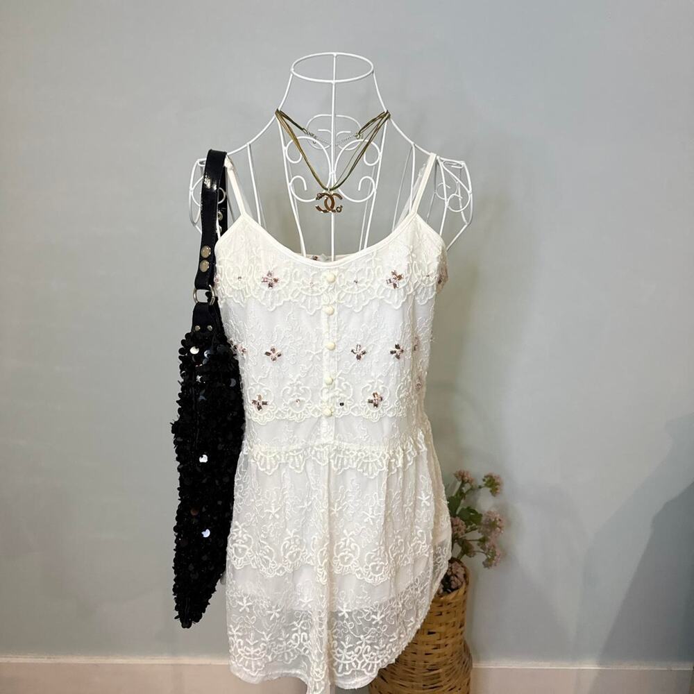 vintage y2k white & pink rhinestone lace babydoll peplum top/ mini dress